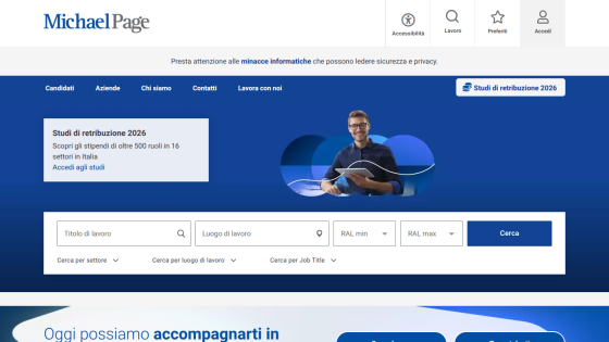 Michael Page job search homepage with salary studies info and job search form in Italian