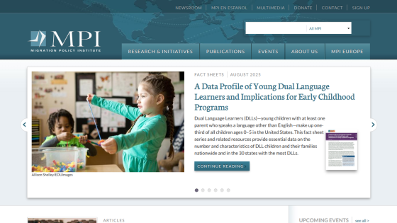 Homepage of MPI featuring children engaged in learning activities and a highlighted report on dual language learners.