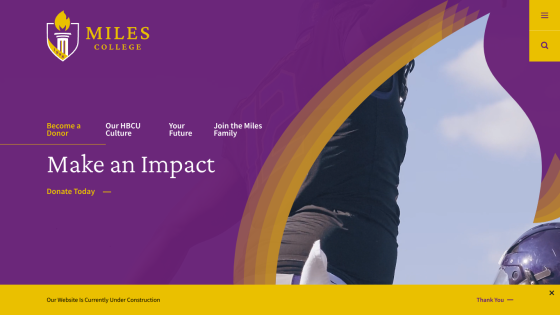 Miles College website with navigation and a call to action to make an impact by donating today