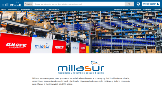 Millasur homepage with warehouse image, navigation bar, and company description about machinery and accessories for forestry and gardening