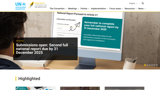UN Environment Programme Minamata Convention homepage with headline about second full national report due by 31 December 2025