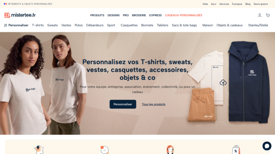 Website offering customization of T-shirts, sweats, jackets, caps, and accessories for teams, businesses, and gifts