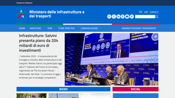 Ministero delle Infrastrutture e dei Trasporti website featuring a presentation on investment plans.