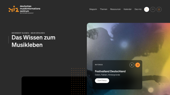 German music information center homepage with navigation and featured focus on Festival land Germany