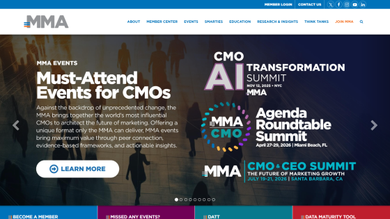 Homepage featuring events for CMOs, including AI Transformation Summit and CMO Roundtable.