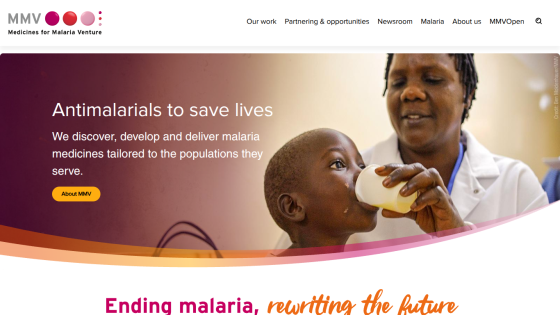 Medicines for Malaria Venture homepage with headline about antimalarials and a child drinking from a cup assisted by a healthcare worker