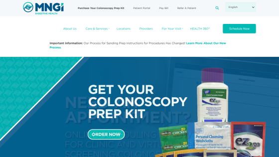 MNGI Digestive Health homepage with appointment scheduling info and navigation links