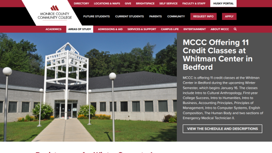 MCCC Whitman Center building with text about 11 credit classes offered in Bedford and a button to view schedule and descriptions