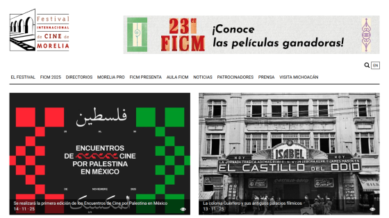 Festival Internacional de Cine de Morelia website showing film events and historic cinema images