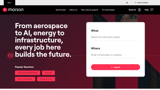 Job search site hero with headline about jobs in aerospace, AI, energy, and infrastructure and a job search form