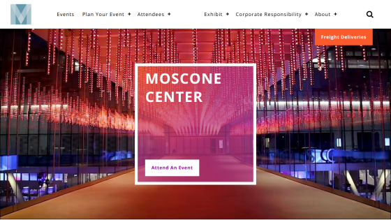 Moscone Center event venue homepage with navigation and call to action to attend an event