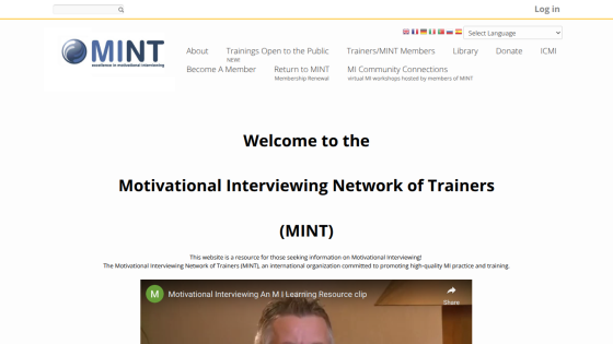 Homepage of Motivational Interviewing Network of Trainers with navigation links and introductory video