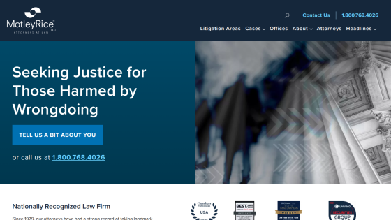Motley Rice law firm homepage with headline seeking justice for those harmed by wrongdoing and contact information