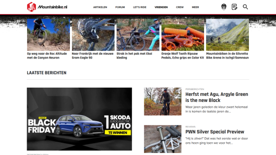 Mountainbike.nl homepage with navigation, featured articles, and latest posts including Black Friday Skoda Elroq electric car contest