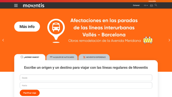 Moventis website showing interurban bus line disruptions in Vallés-Barcelona and a trip planner form