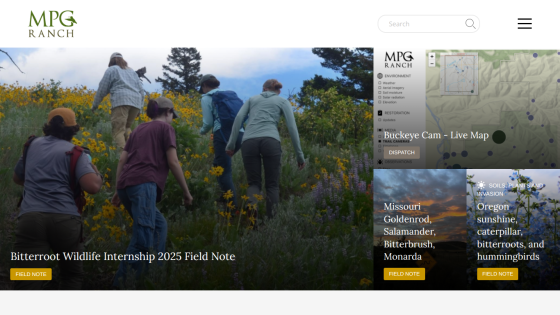 MPG Ranch website showing wildlife internship field note, live map, and field notes on Missouri and Oregon ecosystems