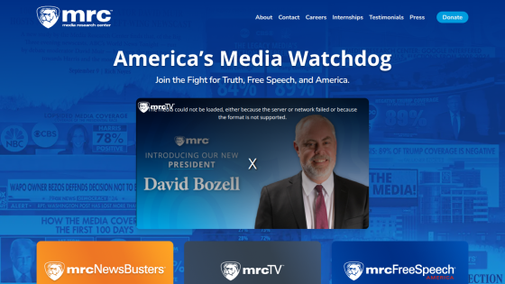 Homepage of America's Media Watchdog featuring David Bozell as new president.