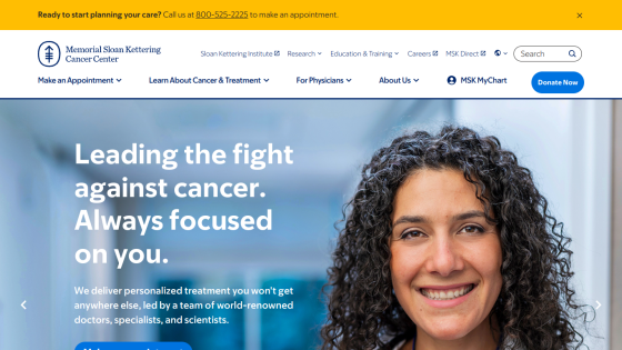 Homepage of a cancer center featuring a smiling woman and a tagline about personalized treatment.