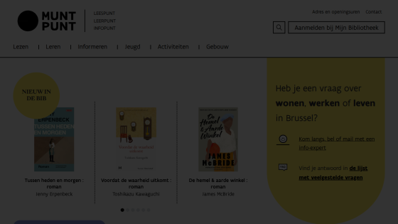 Library website header with navigation and featured books including Tussen heden en morgen, Voordat de waarheid uitkomt, and De hemel & aarde winkel