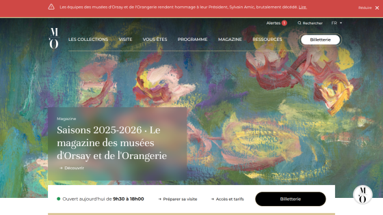 Homepage of a magazine featuring art exhibitions with a colorful background and season announcement.