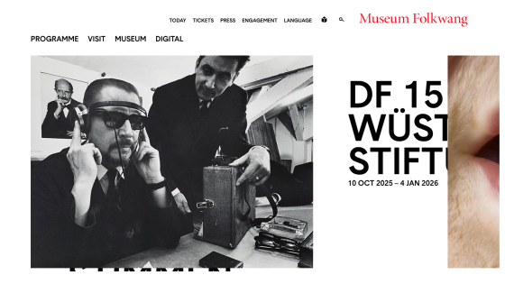 Museum Folkwang website showing navigation and an exhibition titled DF 15 Wüst Stift from 10 Oct 2025 to 4 Jan 2026 with a black and white photo of two men and vintage equipment