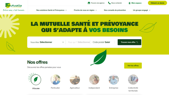 Health and insurance mutual website with navigation, search form, and offers for different customer types