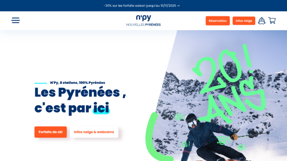 Skiing promotion for Les Pyrénées with a 20th anniversary highlight and call-to-action buttons