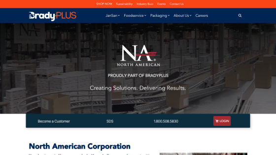North American Corporation part of BradyPLUS with tagline Creating Solutions. Delivering Results and navigation links