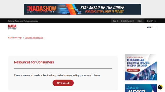 NADA consumer vehicle values page with resources and a 'Get a Value' button, plus ads for NADA Show and Academy classes