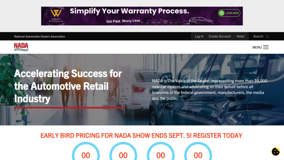 NADA website promoting automotive retail industry success with early bird pricing countdown.