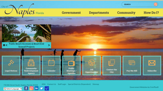 City of Naples Florida website with navigation, sunset beach hero image, and quick links for legal notices, community agency, calendar, meetings, jobs, contact, payments, and subscription