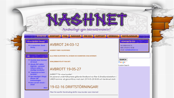 Nashnet homepage with navigation tabs and notices about internet service interruptions and contact information