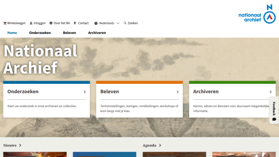 Homepage of Nationaal Archief with navigation options and featured sections.