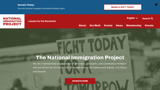 The National Immigration Project homepage with a call to donate and a message about dignity and freedom for all people