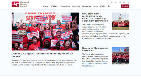 National Nurses United homepage featuring a rally for VA nurses with prominent text advocating for union rights.