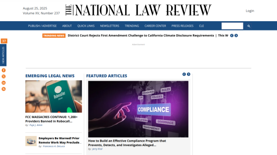 The National Law Review homepage featuring articles and compliance topics.