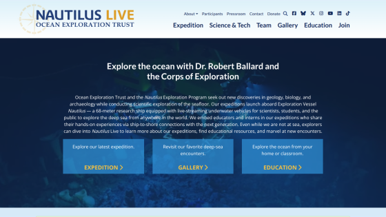 Nautilus Live ocean exploration site with header, navigation, and hero section inviting to explore Dr. Robert Ballard's ocean research