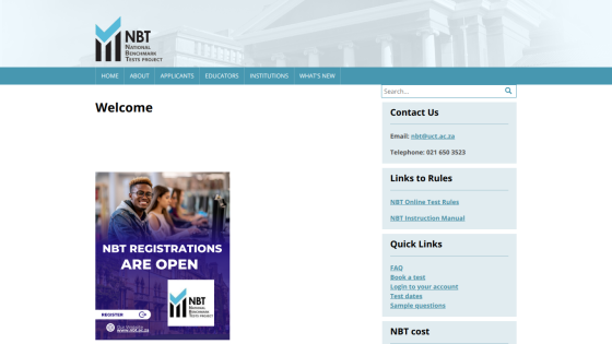 National Benchmark Tests Project homepage with open registrations announcement and navigation links