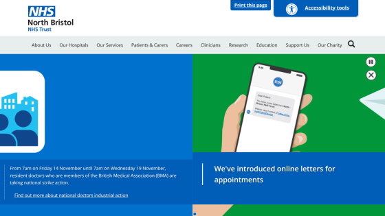 North Bristol NHS Trust website introducing online letters for appointments with a phone and paper plane graphic