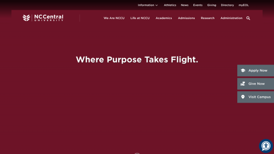 Homepage of NC Central University featuring the tagline 'Where Purpose Takes Flight.'