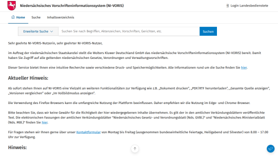 NI-VORIS website with search bar and introductory text about accessing Niedersachsen laws and regulations.