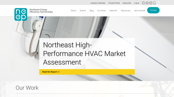 Northeast Energy Efficiency Partnerships homepage featuring a report on Northeast High-Performance HVAC Market Assessment with navigation and donate button
