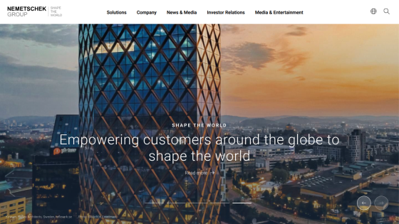 Nemetschek Group website with navigation menu and hero text about collaboration with open standards for efficient workflows