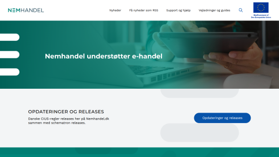 Nemhandel website supporting e-commerce with updates and releases section and EU funding logo