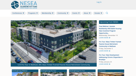 Northeast Sustainable Energy Association homepage with event announcements and a pro tour of a passive house retirement community