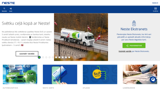 Neste website hero section promoting holiday fuel discounts and Neste Ekstranets account management