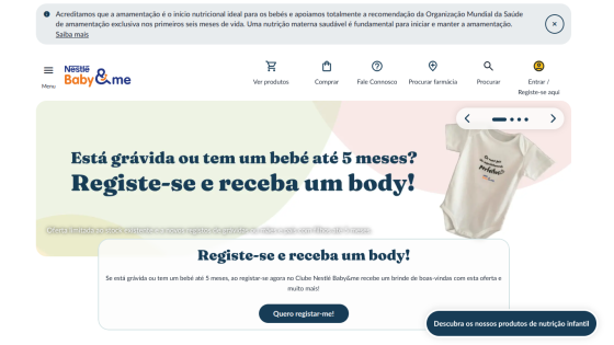 Nestlé Baby&me site inviting pregnant women or parents of babies up to 5 months to register and receive a baby bodysuit gift
