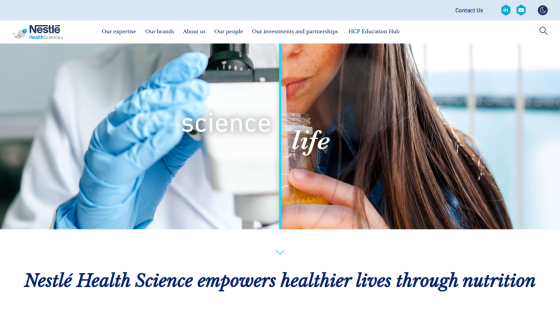 Nestlé Health Science website header with navigation and hero image split between scientist and woman drinking juice, tagline about empowering healthier lives through nutrition