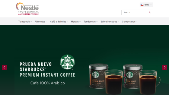 Nestlé Professional website header and navigation with hero promoting new Starbucks premium instant coffee, 100% Arabica