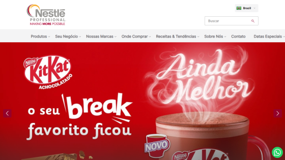 Nestlé Professional website in Portuguese featuring KitKat chocolate drink promotion with text 'o seu break favorito ficou Ainda Melhor'